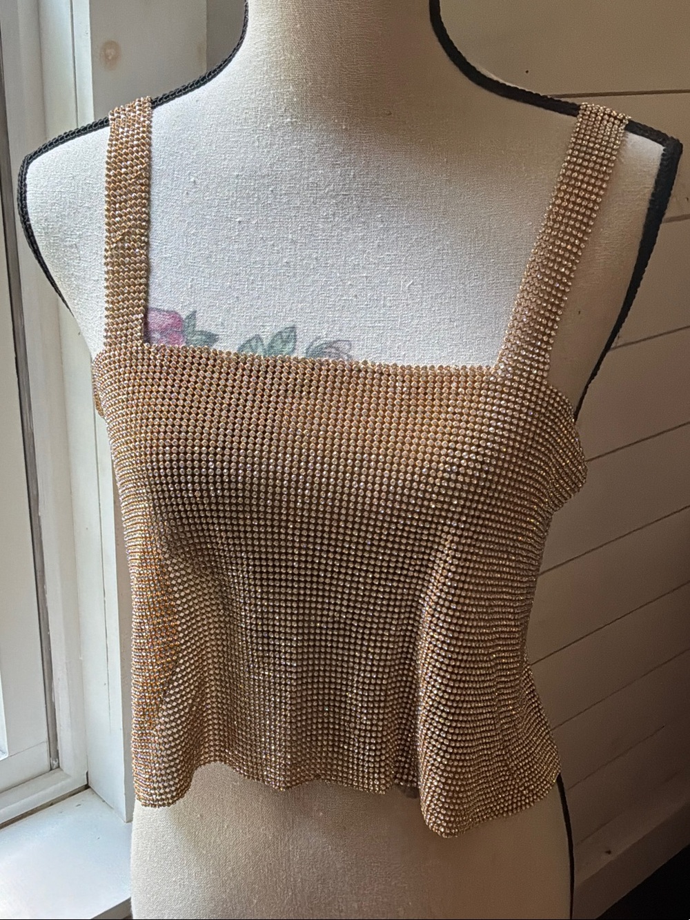 Lulu's Gold Crystal Mesh Square Neck Cami
